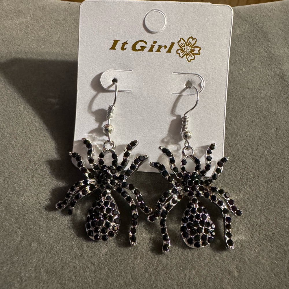 It Girl Silver Tone Rhinestone Spider Earrings